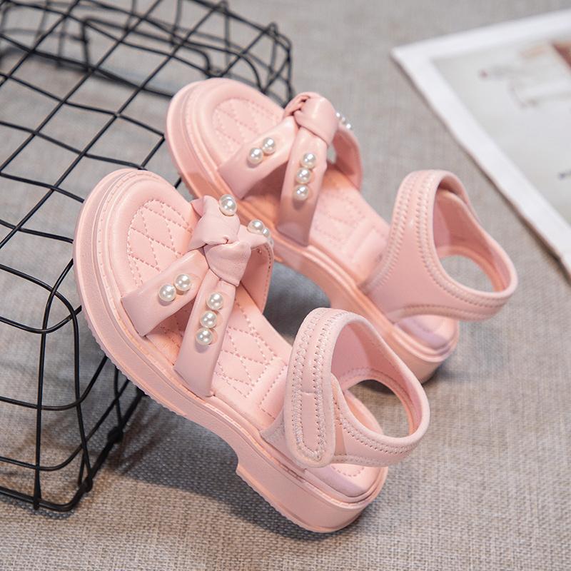 Sandalias cruzadas para niñas pequeñas, sandalias de princesa con perlas, antideslizantes, de moda, para playa, de verano, todas a juego, talla 26-37