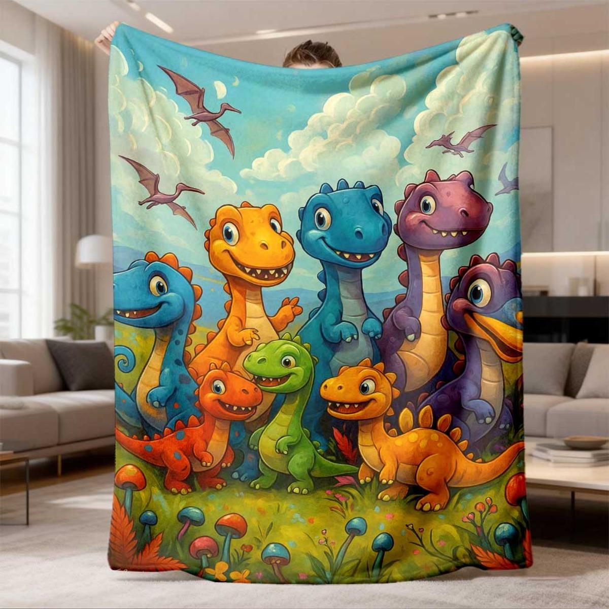 Adorable Dinosaur Blanket Throw Fleece Jungle Kids Cartoon Bedding Picnic Nursery Playroom Throw Cute Dino Gift 75X95CM