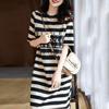 Women's Striped Print T-Shirt Dress - Summer Short-Sleeve Split Tunic Dress