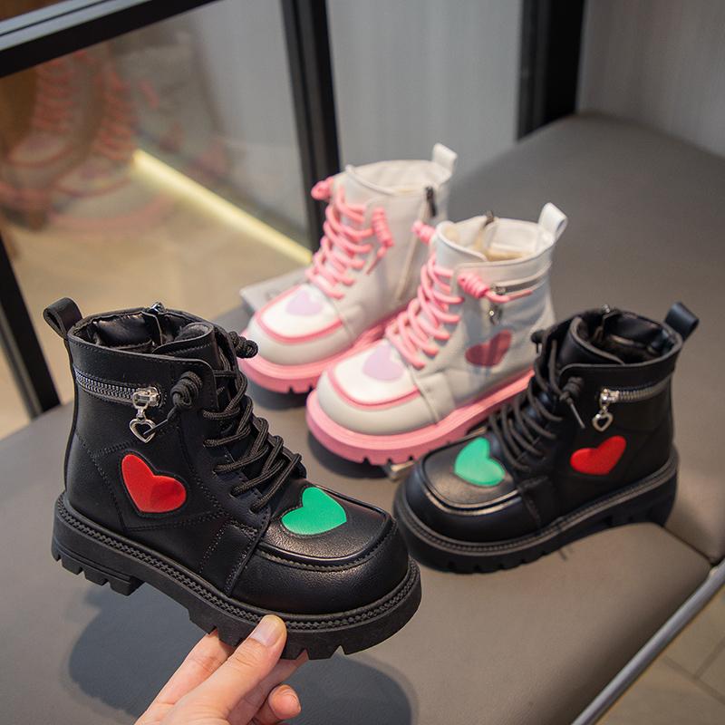 Girls Fashion Boots Kids Rubber Boots Cool Autumn and Winter Cotton Soft Sole Pink with Love Side Zip Children Princess Boots PU