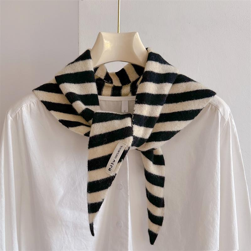 Wool Winter Scarf For Women Warm Triangle Knit Scarves Hijab Stripe Lady Shawl Wrap Female Pashmina Bandana Head Scarfs