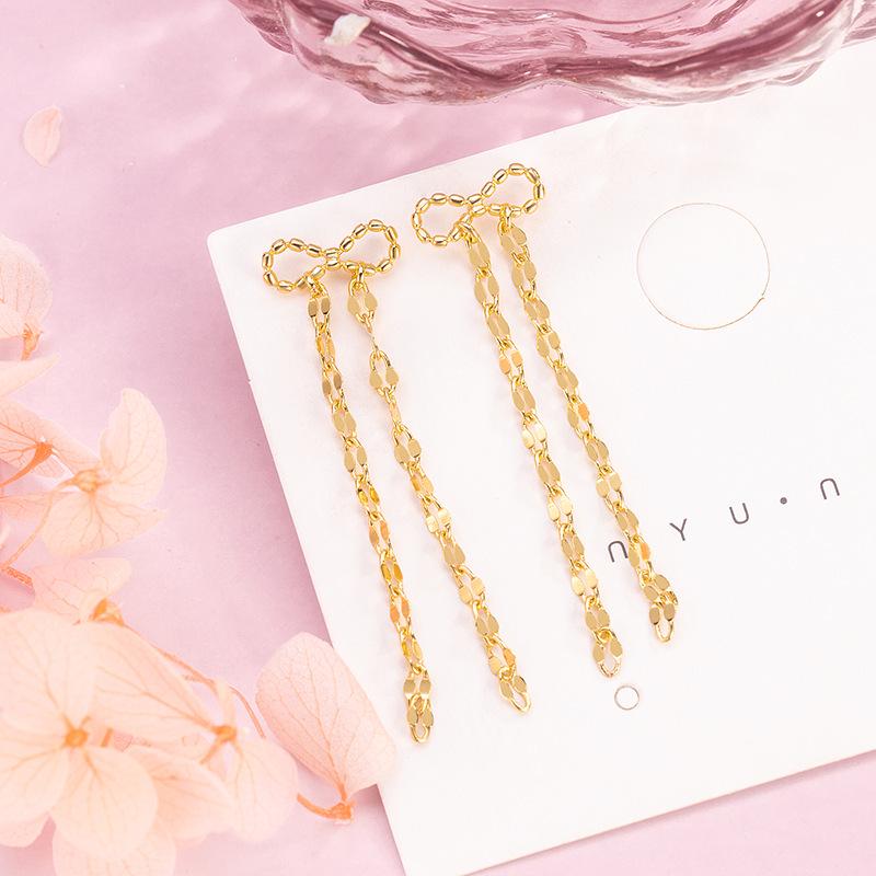 Korean Style Gold Bow Tassel Stud Earrings - Elegant Retro Sparkly Jewelry Copper