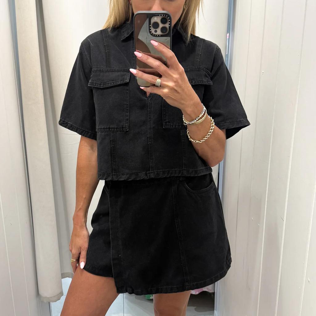 Tooling Denim Suit Skirt Pants Women's Summer V-Neck Short Sleeve Top Spice Girl High Waist Irregular