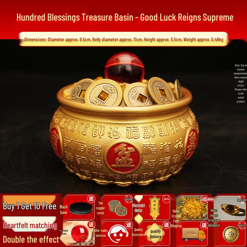 Brass Treasure Bowl: Hundred Blessings Rice Jar for Home, Office, or Shop Décor Standard Size