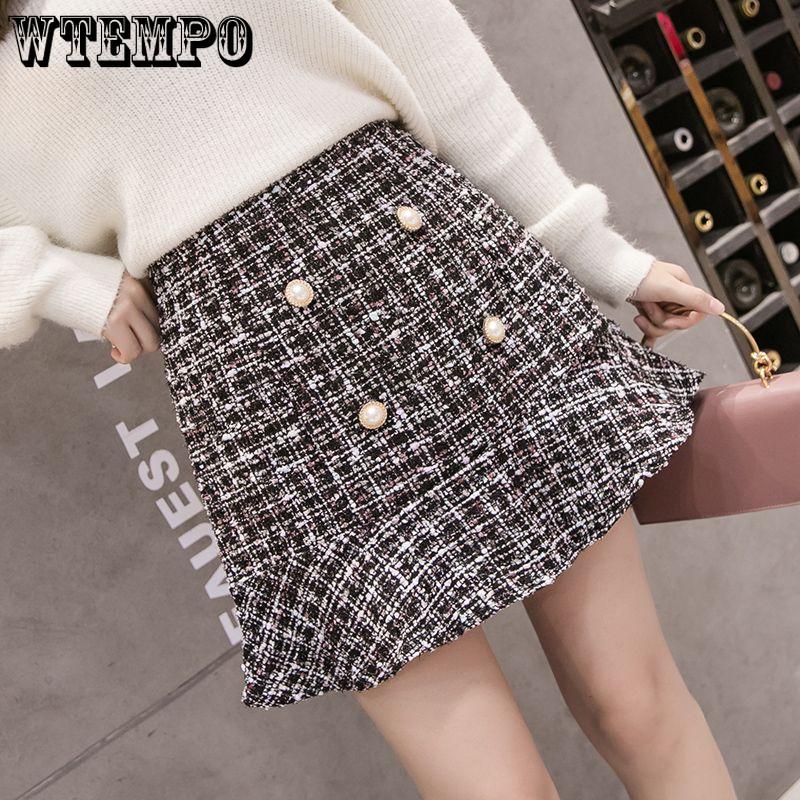 Temperament Celebrity Small Incense Wind Ruffle Double-breasted Tweed Half-body Skirt Female Elegant High Waist A Line Short Skirt