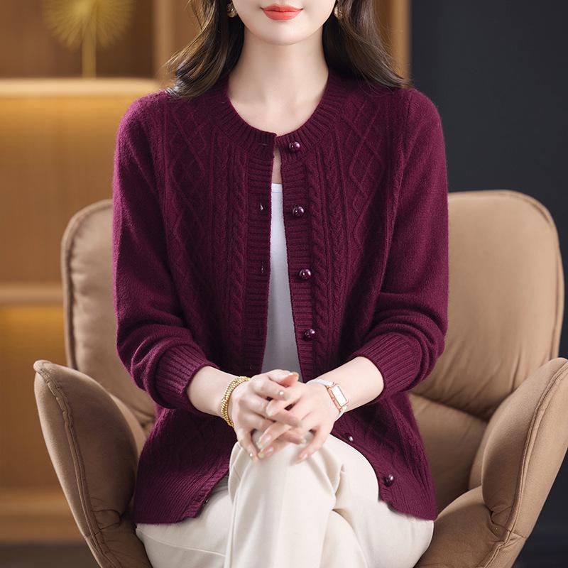Women's Warm 100% Pure Wool Cardigan: Autumn/Winter Thick Knit Round Neck Sweater for Middle-aged & Elderly Moms