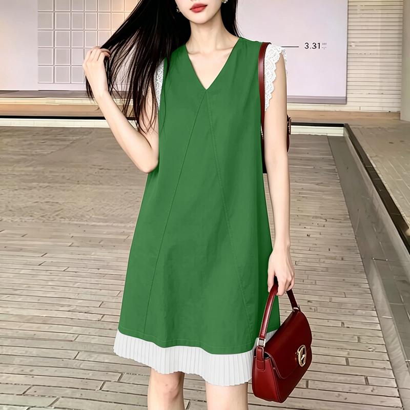 ZANZEA Women Casual V-Neck Lace Splice Sleeveless Summer Tank Dress M зелёный