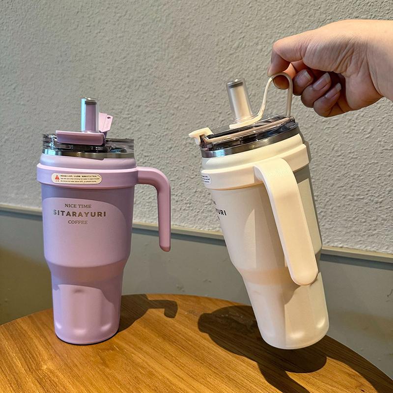 Large Capacity Stainless Steel Straw Thermos Bottle Portable Handle Double Drink Insulation Cups Coffee Mug Car Ice Tumbler Cup