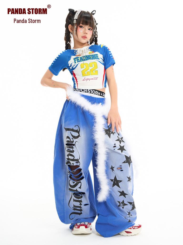 Girls' Hip Hop Dance Outfit: Short Sleeve T-shirt with Ripped Pants or Shorts Set for Performances