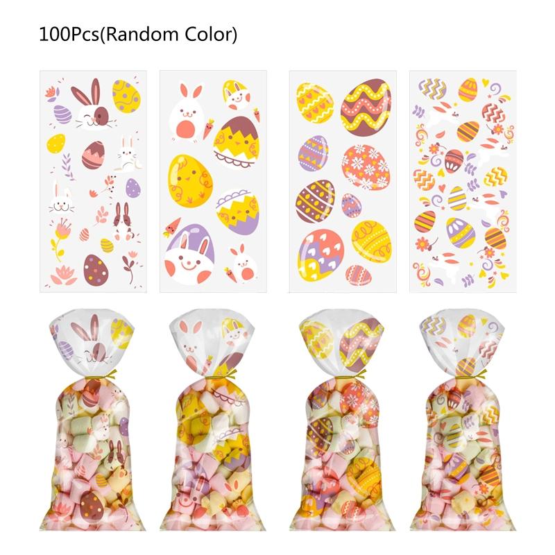 

100 PCS Easter Cellophane Bags With Twist Ties Holiday Favor Treat Egg Shape for Chocolate Bags Cookie Bags Cute Gift