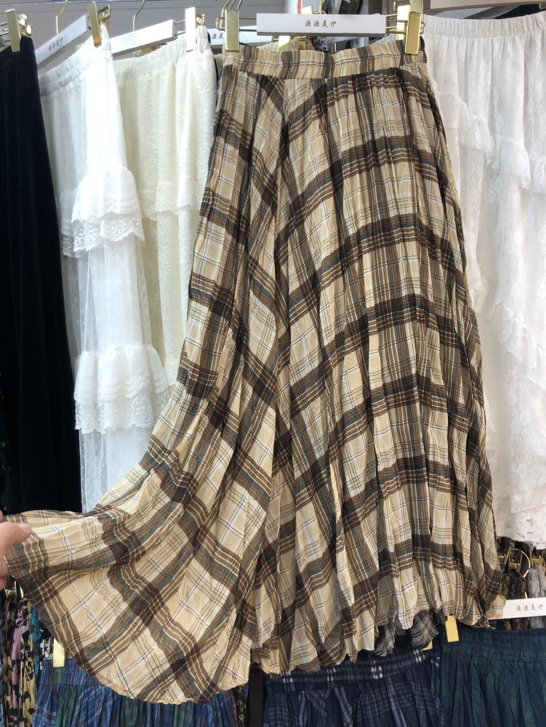

Юбка в стиле ретро 2025 года, эластичная талии, облегающая длинная юбка, женская клетчатая юбка А-образного силуэта one size fits all хаки