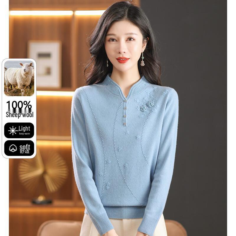 SNOWFLYING Women s 100% Wool Embroidered Semi-High Neck Top 2XL