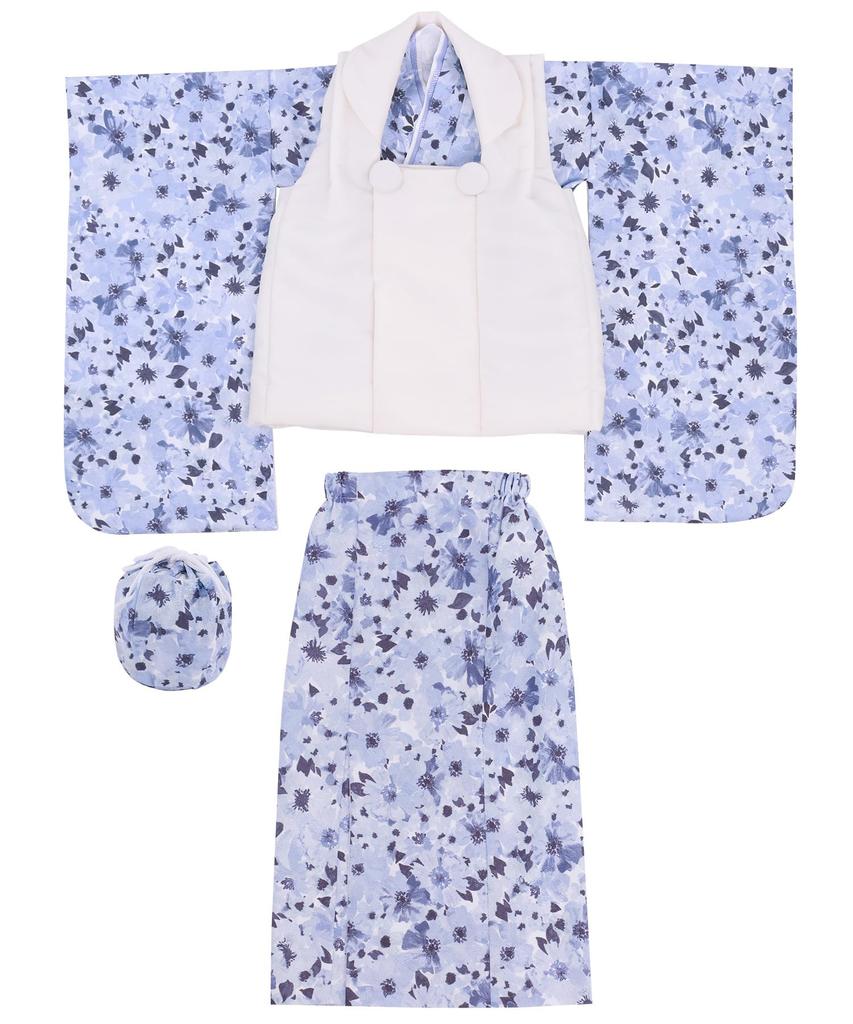 KYOETSU Set for Ceremony Includes Kimono and In a Dull Color Light Blue Flower 4-Piece Girls' Shichi-Go-San (753), Two-Piece Set, Hifu, Accessories,