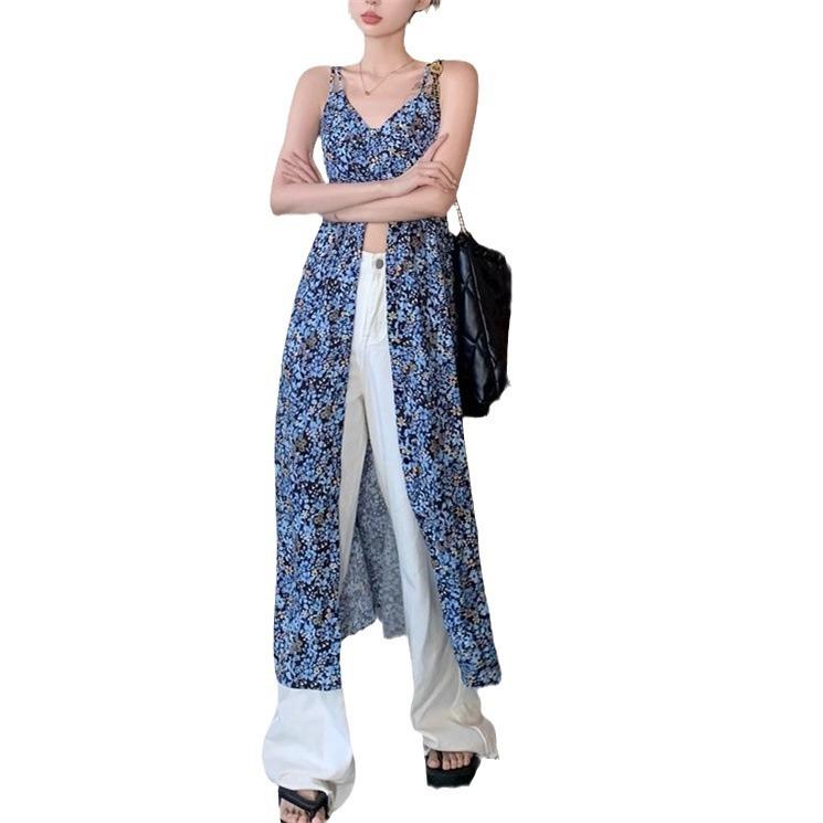 French Floral V-neck Suspender Dress Women's Summer Sweet Babes Skirt Blue Retro Temperament Split-ended Long Dress