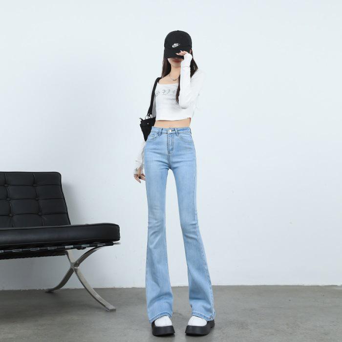 Women's Dark Color Elastic Micro Flare Jeans - Autumn Winter Plus Size, Velvet Lined, Slimming for Pear Shape, Bell Bottom Pants