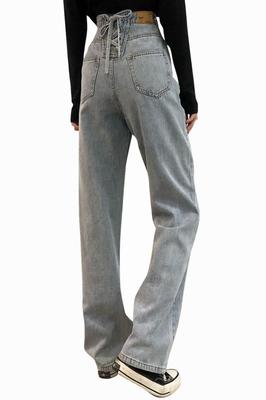 MITOTOMI Denim Straight Leg Pants with Back Lace Women's High-Waisted Jeans, Wide-Leg (S)