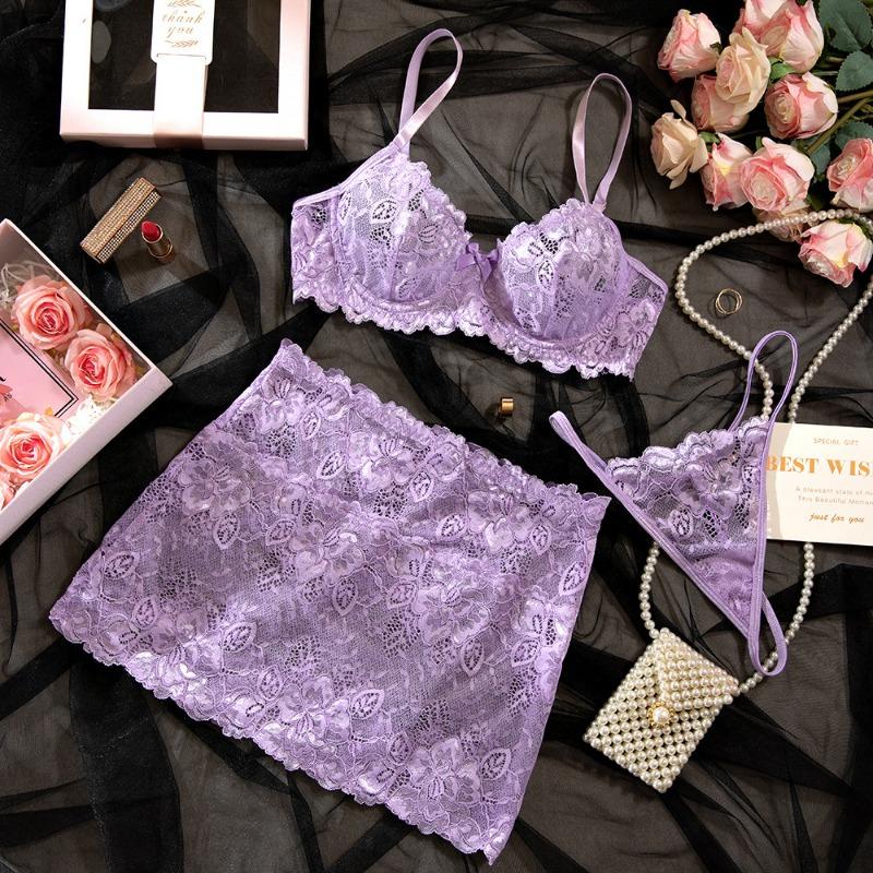 Lavender Lace Lingerie Set With Bra Skirt Bow And Matching Panties