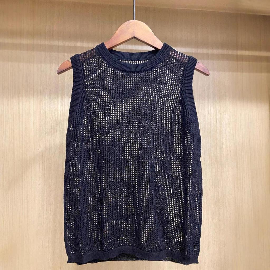 2025 Women's Sleeveless Knitted Mesh Cutout Round Neck Vest - Versatile Spring/Summer Top