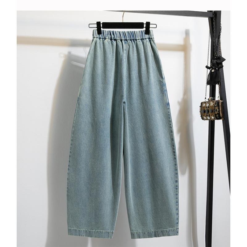 DIMANAF 2026 Summer New Plus Size Women Jeans Fashion Lady Clothing Long Pants Denim Cotton Loose Casual Elastic Waist