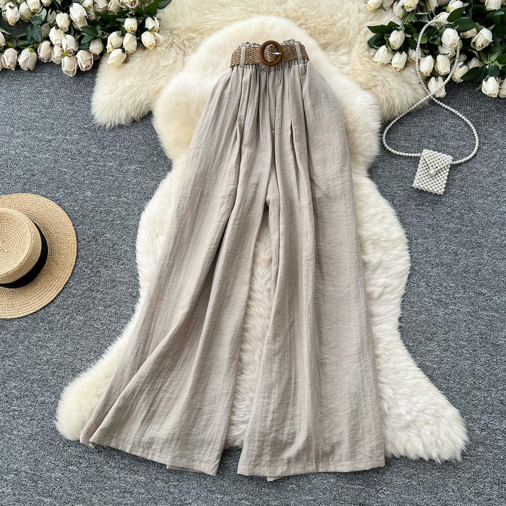 Summer Women Chic Boho Cotton Linen High Waist Wide Leg Pocket Pant Trouser With Belt For Girls