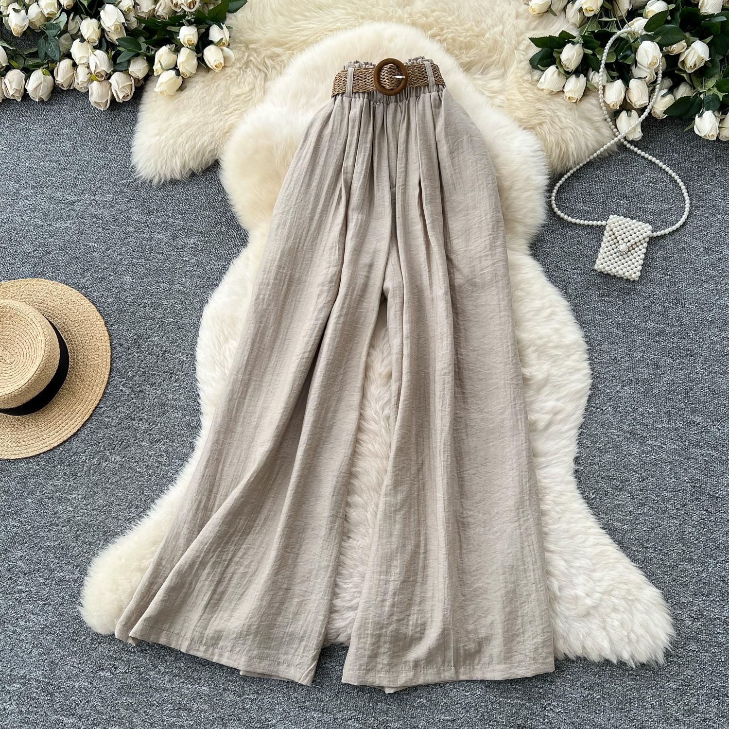 

Summer Women Chic Boho Cotton Linen High Waist Wide Leg Pocket Pant Trouser With Belt For Girls S темно-синього кольору