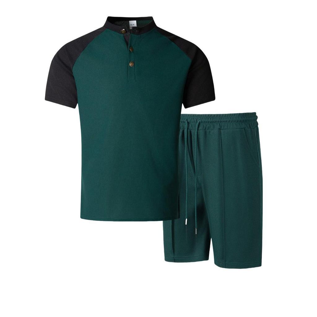 Men's 2025 Summer Color Block Suit: European/American Style Round Neck Tee & Shorts Set