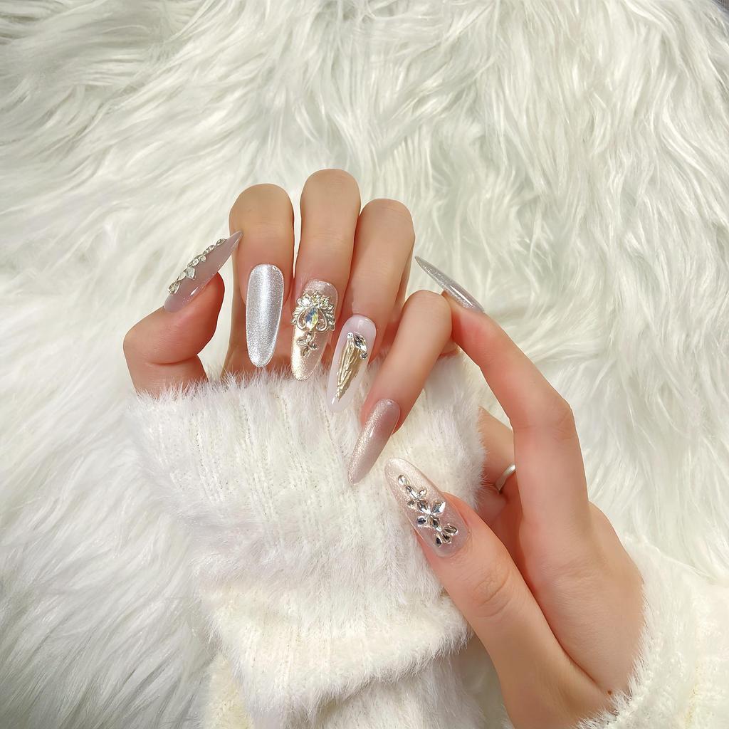 Handmade Luxury Cat Eye Diamond Gradient Champagne Party Nail Art Tips