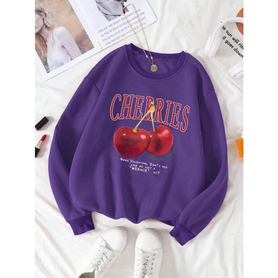 Fashion Womens Sweatshirt Fresh Red Cherries Printing Pullover Crewneck Fleece Soft Breathable Hoodie Autumn Female Streetwear