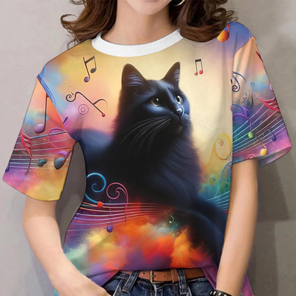 Summer Ladies T-Sleeve Music Kitten Pattern 3d Printing Fashion Casual Round Neck Women's Short-Sleeved