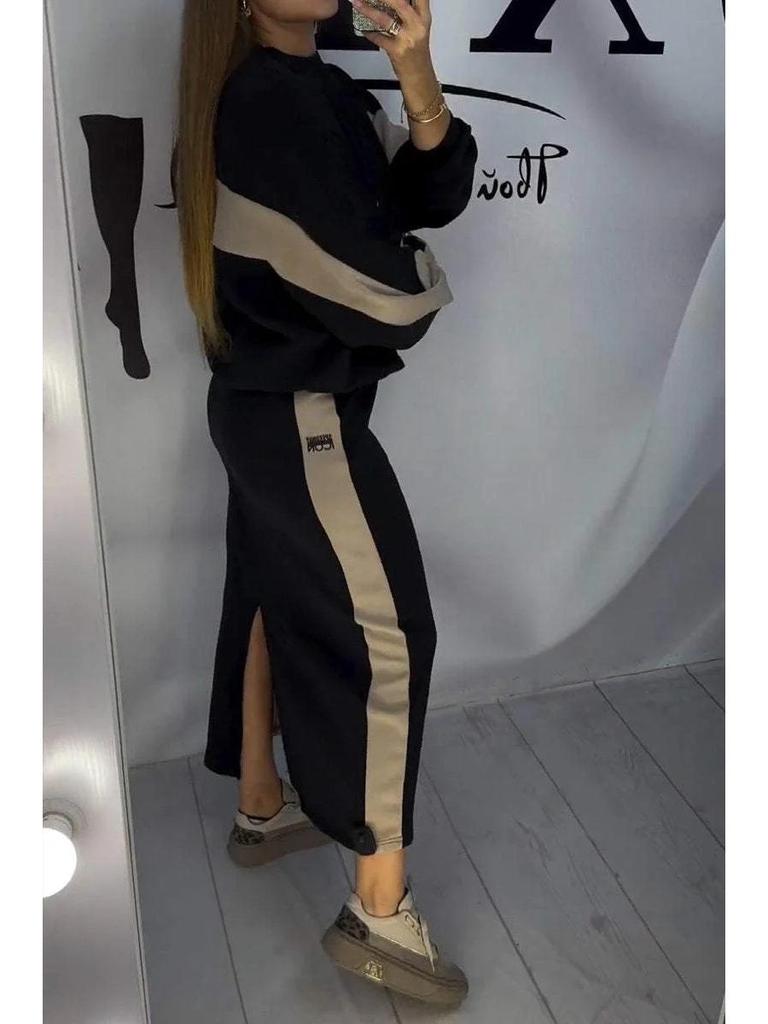 Women's Color Block Hoodie and Skirt Set - Casual Loose Fit, Mid-Length, 2025 Spring/Autumn Collection