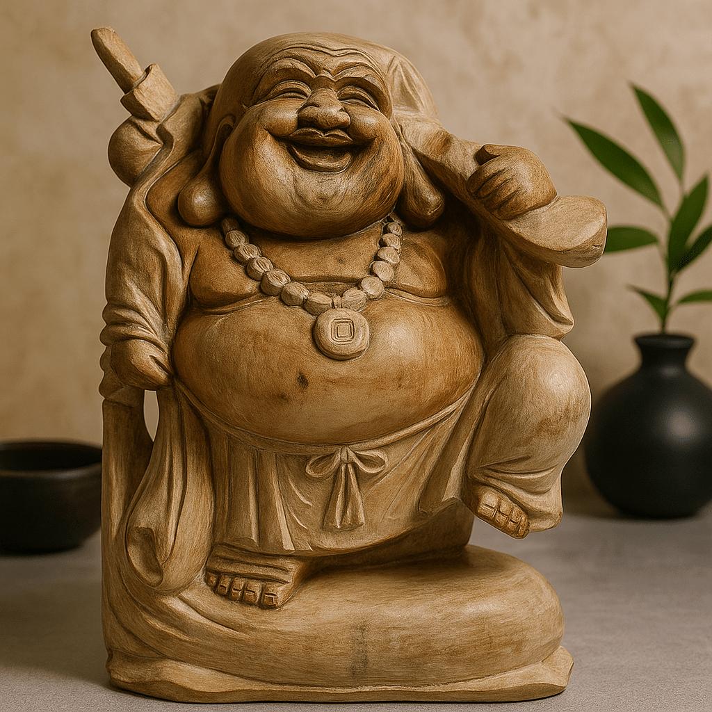 Happy Buddha Statue Bring Wood Whitewash 30cm