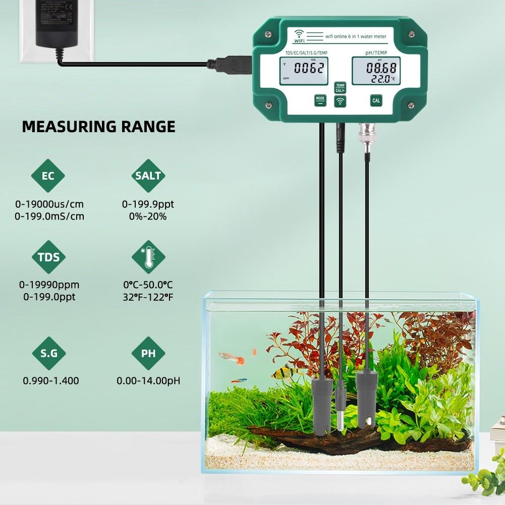 6-in-1 Water Testing Device Multifunction Smart Water Quality Monitor Mariculture Aquarium Digital PH EC TDS SAL S.G.Temp Meter