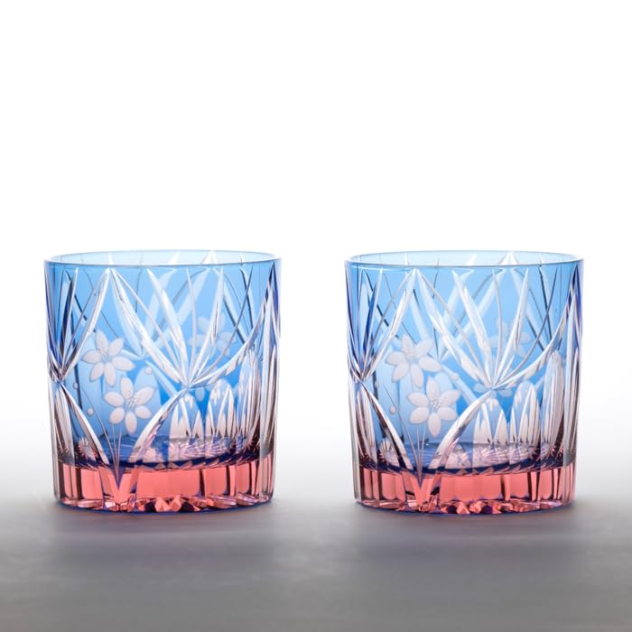 Glass Studio Saiho Edo Kiriko Shochu Glass, Rocks Glass, Tumbler Glass, Mini Vintage Flower Basket Design, Blue-Pink, Made in Japan, Gift Wrapping