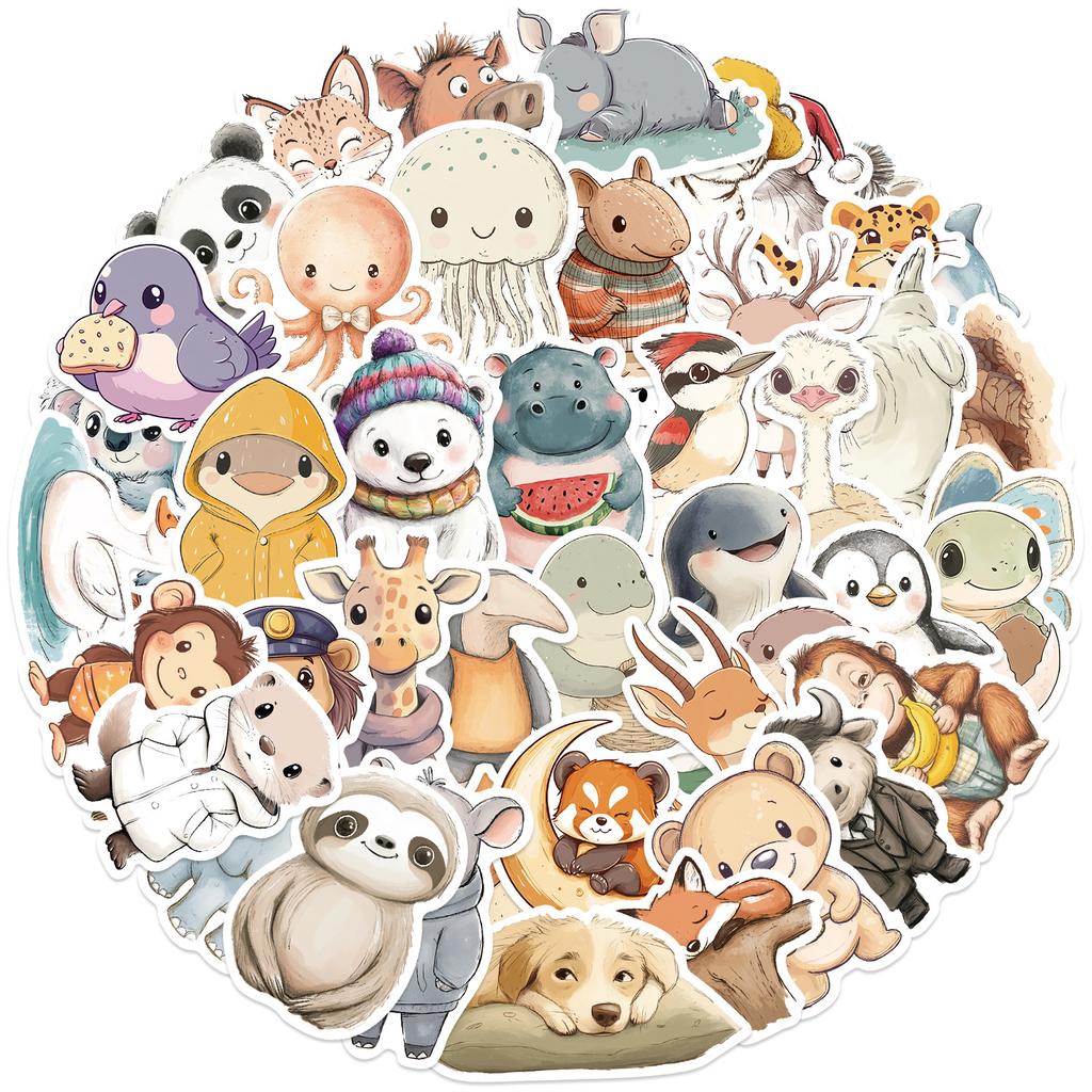 50 Cartoon Healing Animals Doodle Stickers Decorative Guitar Notebook Suitcase DIY Waterproof