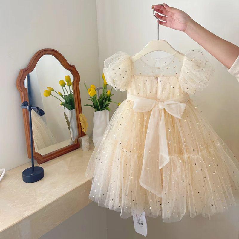 2023 Korean Princess Puff Sleeve Glitter Mesh Dress for Girls