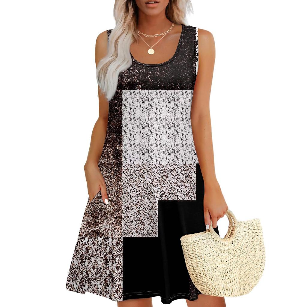 Robe d'été décontractée à col carré pour femmes, patchwork imprimé, robe sans manches avec poches