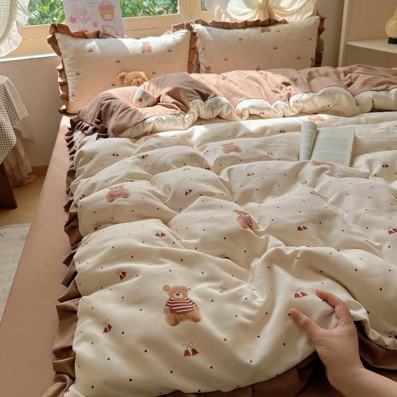 Čtyřdílná sada lůžkovin z dvojité příze, šetrná k pokožce, prodyšná a pohodlná, prané prostěradlo, povlaky na přikrývky, povlaky na polštáře, sady