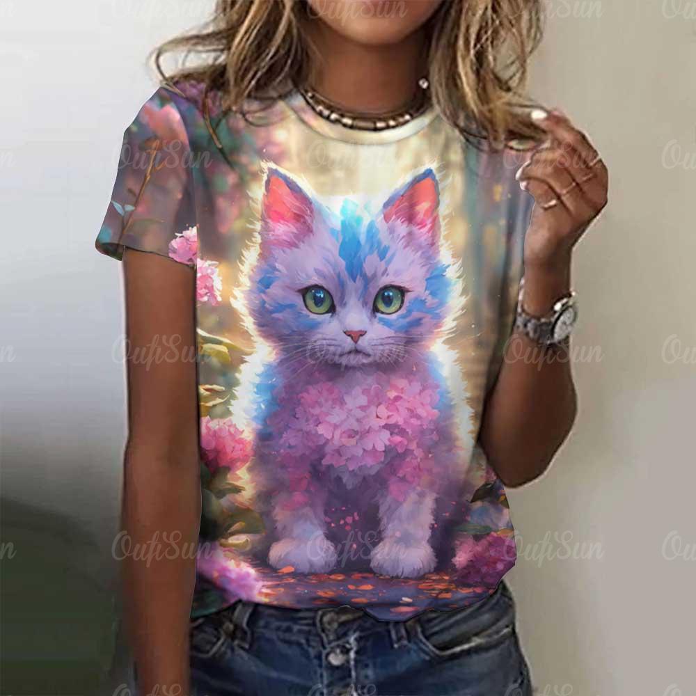 

Summer T-shirt Outdoor Fashion Round Neck Short-sleeved 3D Animal Cat Three-dimensional Printing Large Size Women s Clothing S