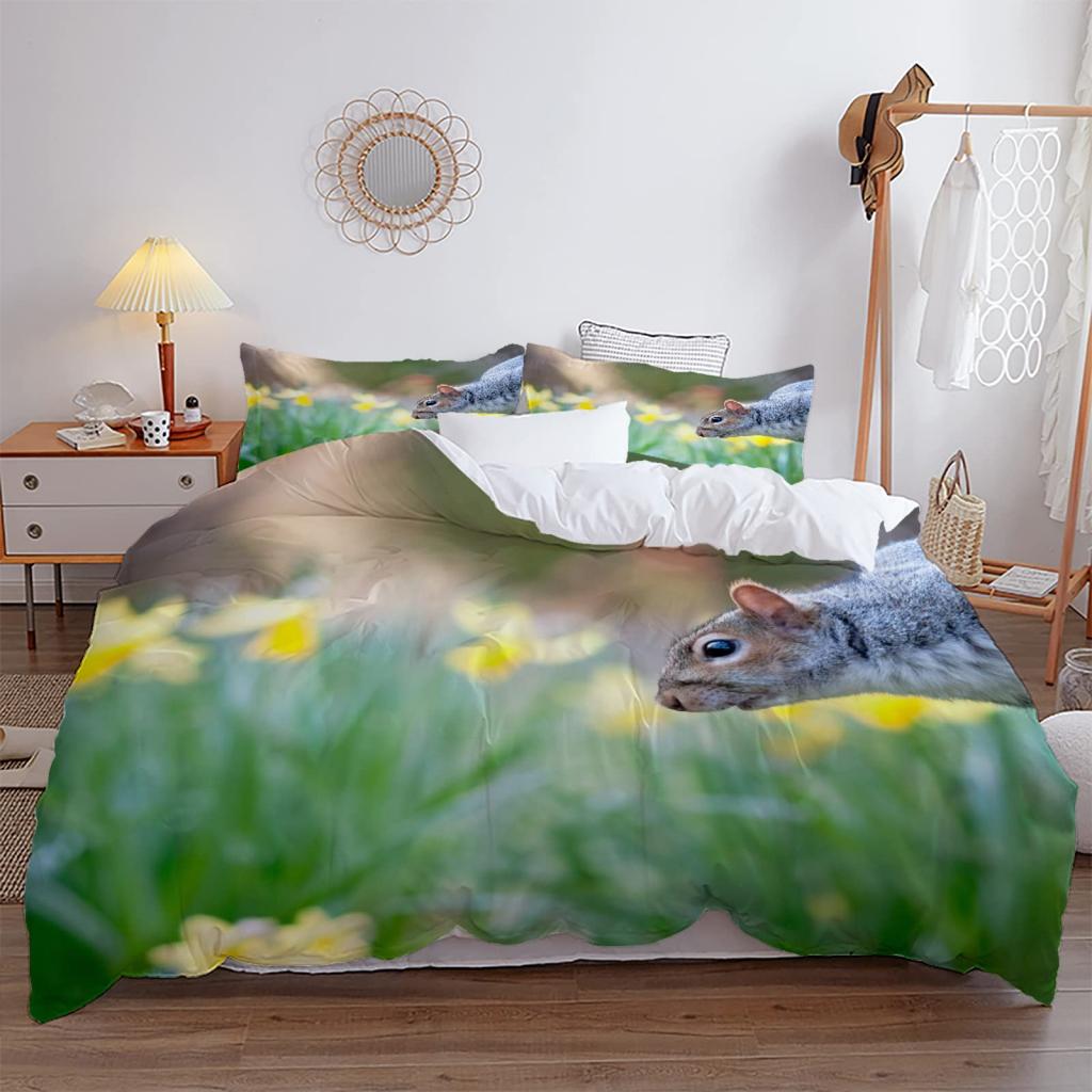 3D Squirrel King Queen Duvet Cover Lovely Animal Bedding Set For Kids Teens Adults Wildlife Green Leaves Soft 2/3pcs Quilt Cover