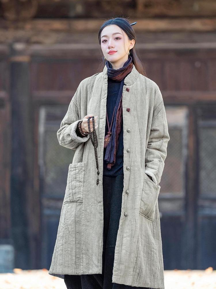 

Chinese Style Vintage Women Parkas Warm Plus Size Cotton Coats Long Sleeve Button Stand Collar High Quality Winter Jacket One Size хаки