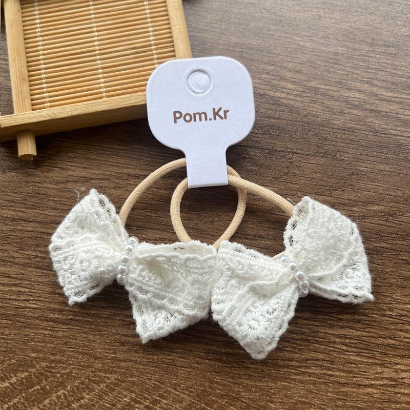 2pcs/set Beige Color Cute Lace Bow Hair Ties for Girls Fashionable Stretch Versatile Kids Ponytail Holders with Floral Lace Trim