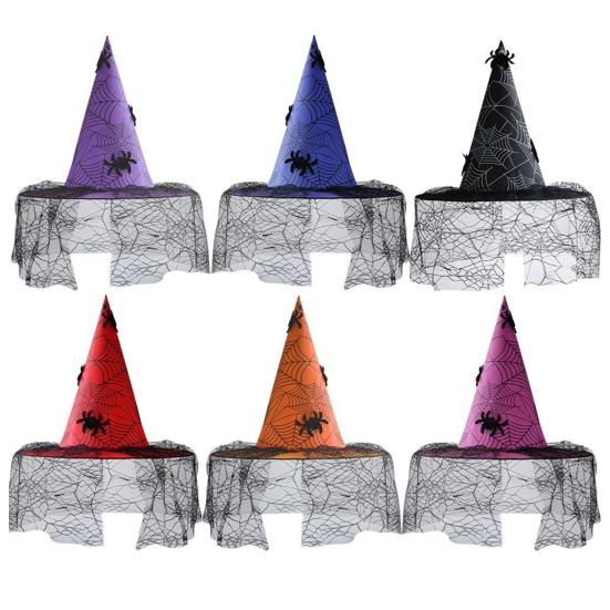 Creative Halloween Night Headgear Witch Hat, with Lace Mesh And Simulated Spiders, Gothic Decorative Spider Web Hat Style Costume Accessory,