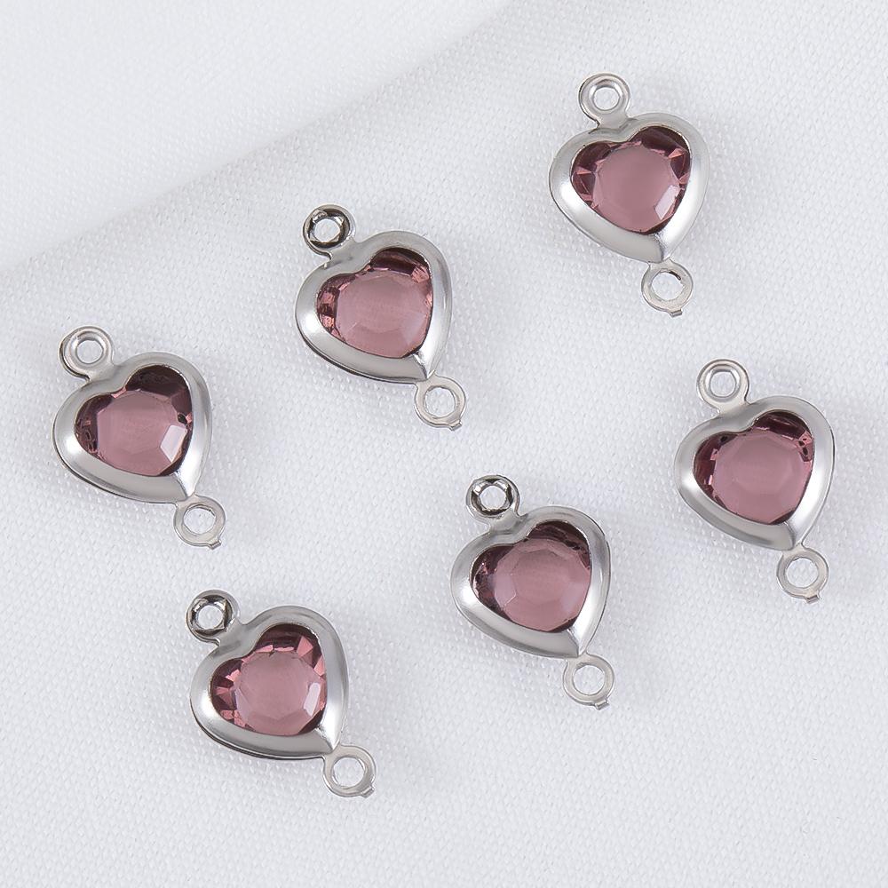 10pcs 7.5mm Stainless Steel Double Hole Heart Pendant Colorful Crystal Charms Connector for DIY Necklace Bracelet Jewelry Making