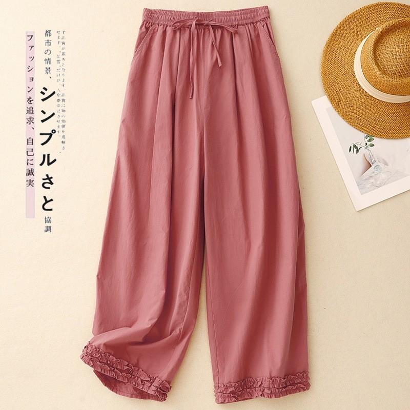 2025 Summer New Solid Color Cotton and Linen Lace Straight-leg Pants Women's Literary Style Drawstring Elastic Waist Casual Pants
