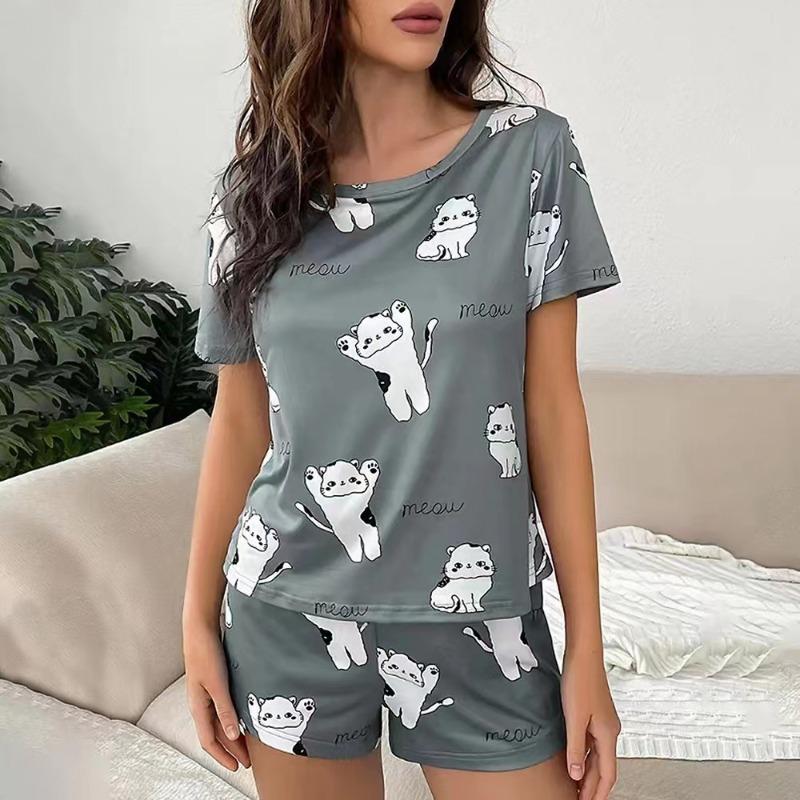 

Women Pajamas Sets Short Sleeve Nightwear Top and Pants Sleepwear 2 Piece Pjs Loungewear Cartoon Print Pyjamas Set Nightwear L сірий