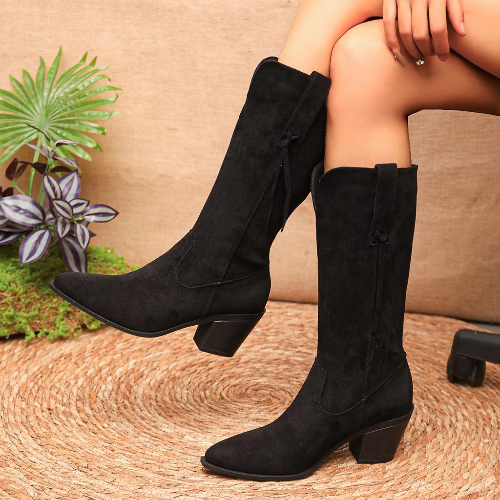 Mode Western Cowboy Stiefel Damen Herbst Spitzzehe Dicker Absatz Hohe Kniestiefel Frau Outdoor Bequeme Luxusschuhe Zapatos De Mujer