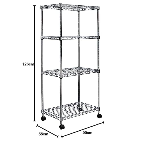 IRIS OHYAMA SEM-5512 Metal Shelf, 4 Tiers with Casters, Rust-Resistant, 19mm Pole Diameter, 55cm Wide X 35cm Deep X 126cm High, Silver