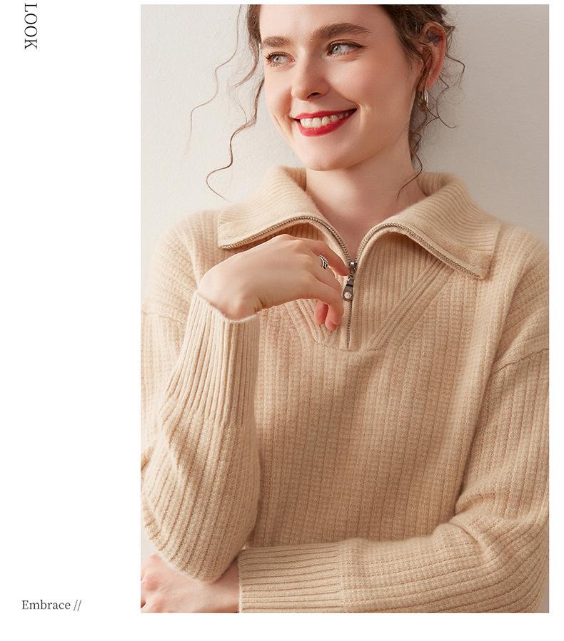 Women's Cashmere Lapel Knitwear: Autumn/Winter Half-Zip Loose Pullover, Versatile Lazy Style Top.