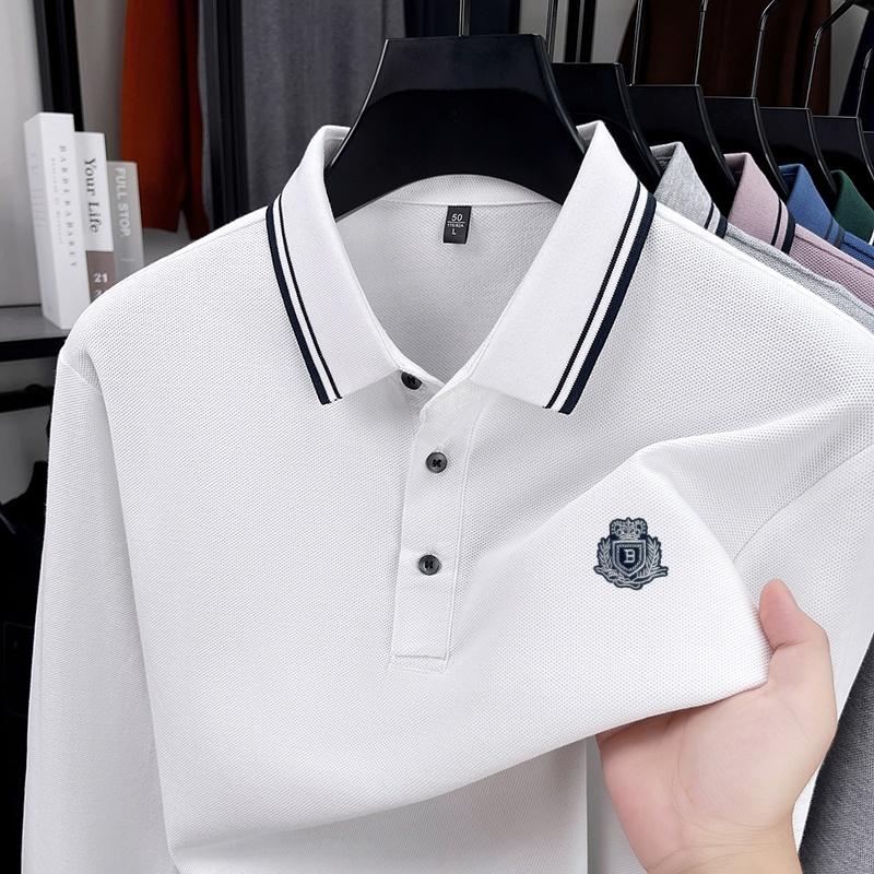 Cotton High-End Brand Men's Polo Shirt Lapel Long Sleeve T-Shirt Autumn Arrival Badge Print Soft Business Office Menswear
