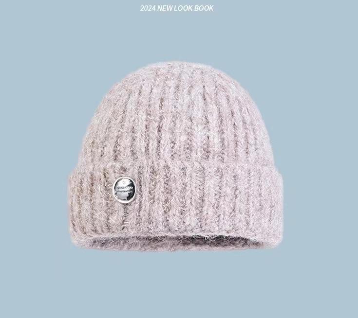 New Simple Button Wool Hat Women's Autumn and Winter Big Head Circumference Versatile Warm Knitted Hat Simple Ear Protection Cold Hat